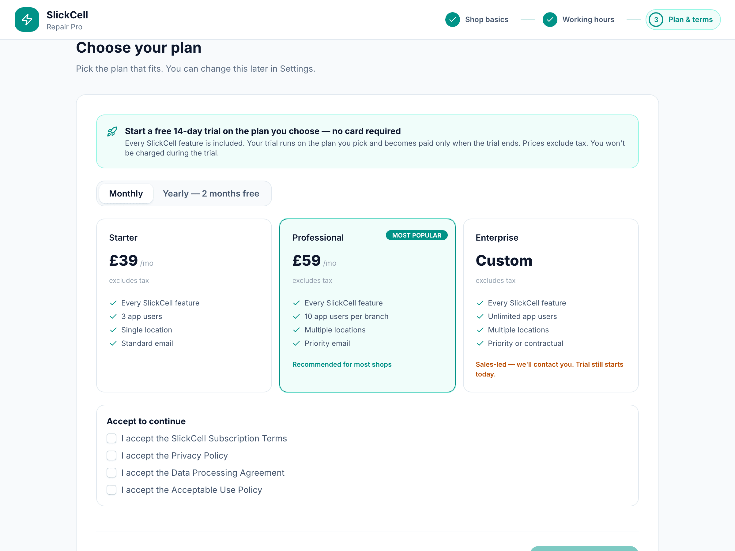 Onboarding step three: the plan cards with Professional selected and the terms to accept.