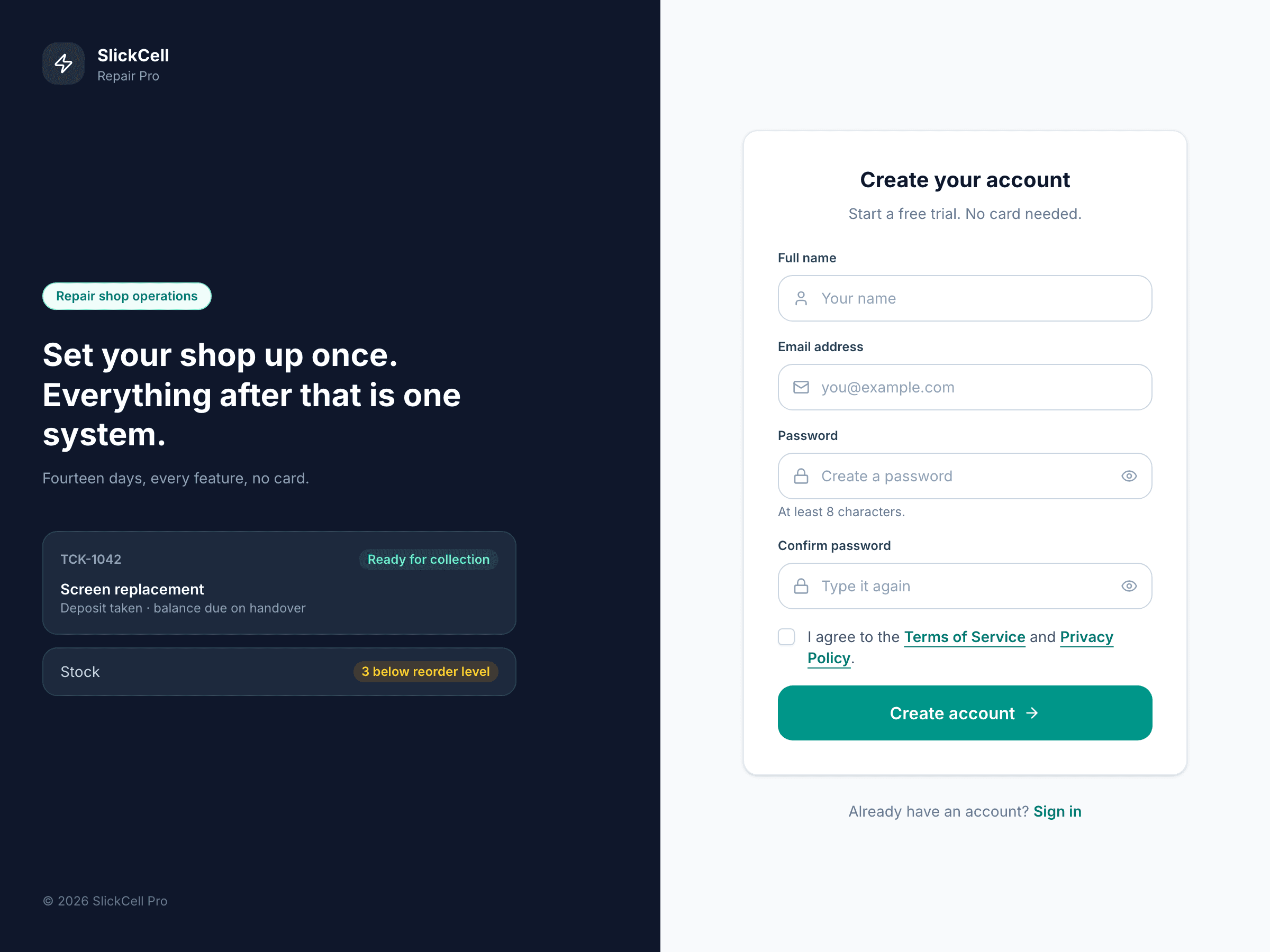The SlickCell Pro sign-up form: name, email and password, with a free trial and no card required.