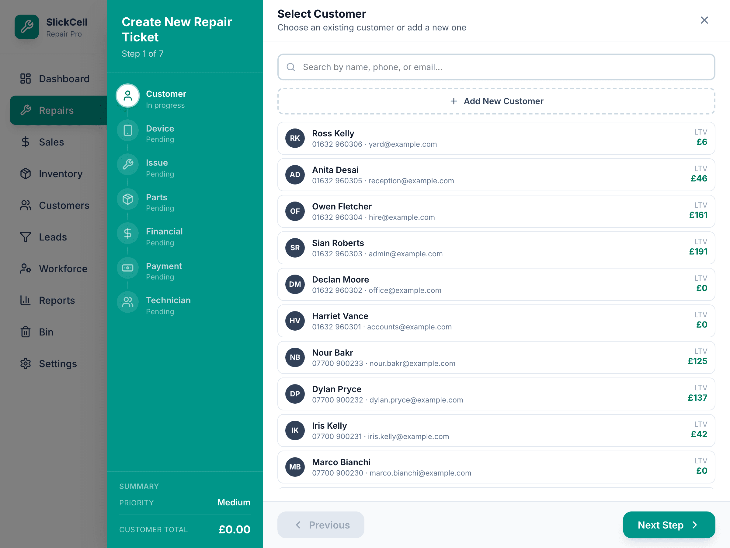 The new repair ticket panel on its first step, searching for a customer.