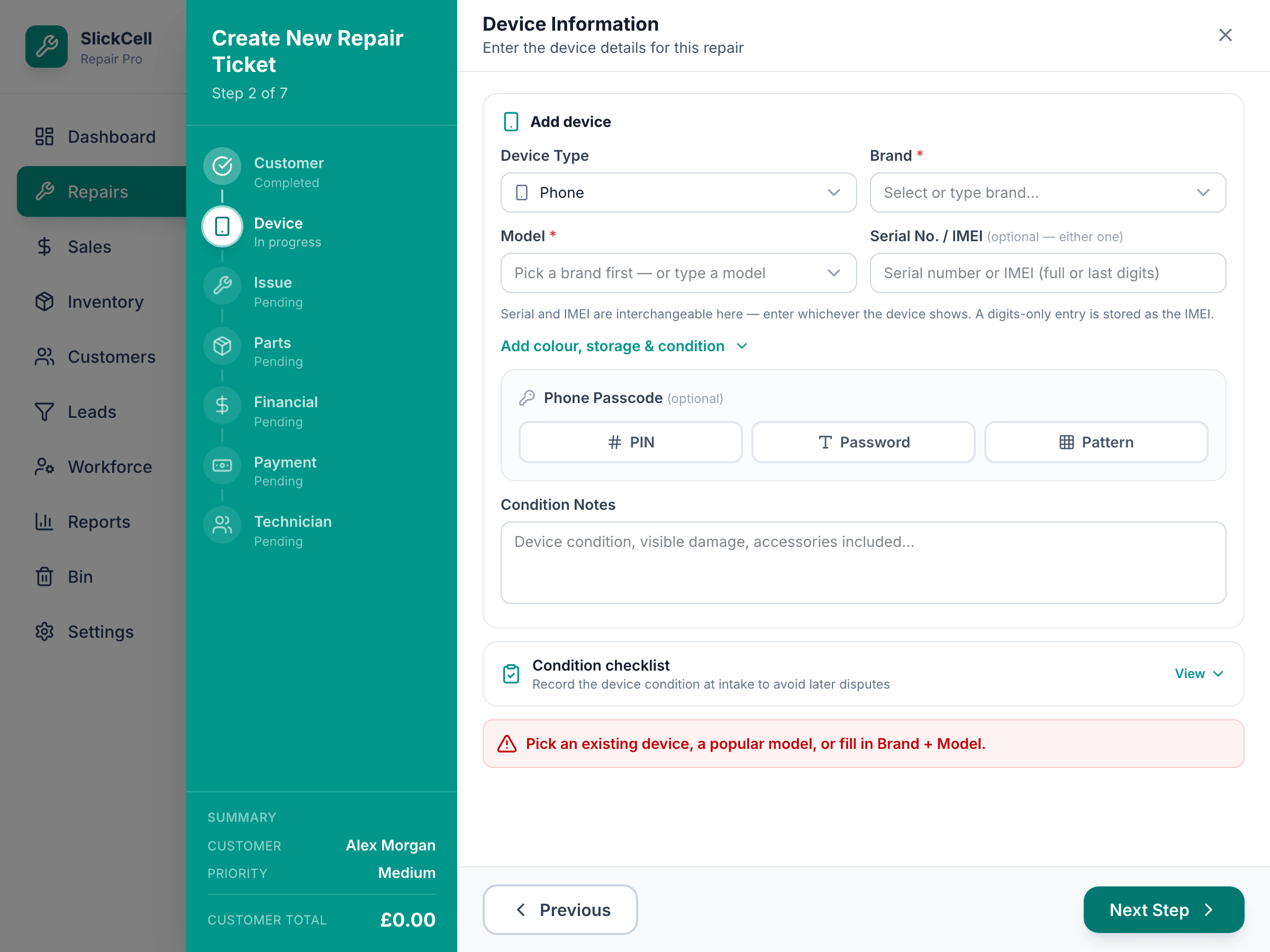 Step three of a new ticket: the fault list with two issues ticked, priority and promised time.