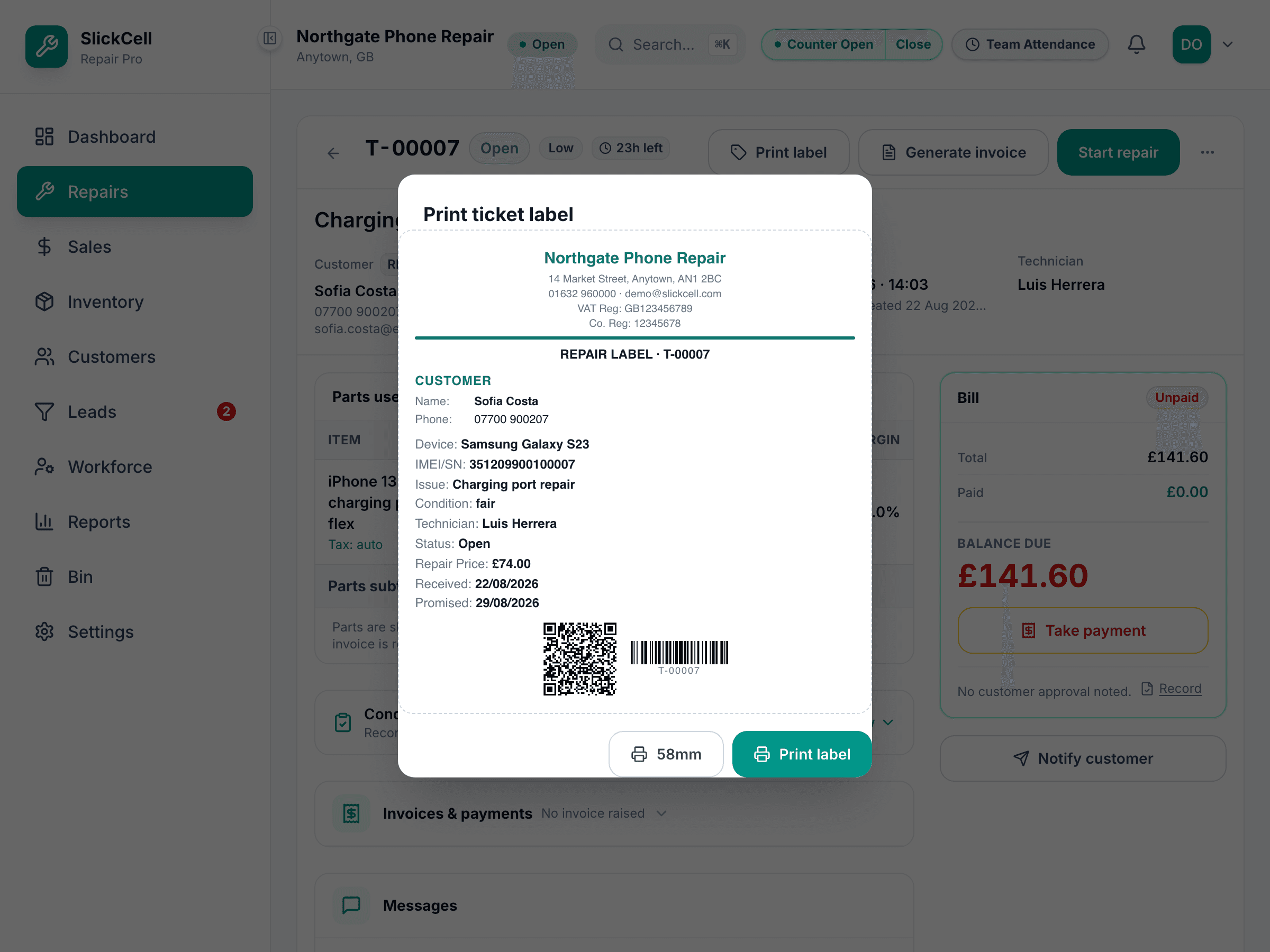 The SlickCell Pro print dialog showing a repair ticket preview with its QR code, and the choice of A4, 80mm, 58mm or label.