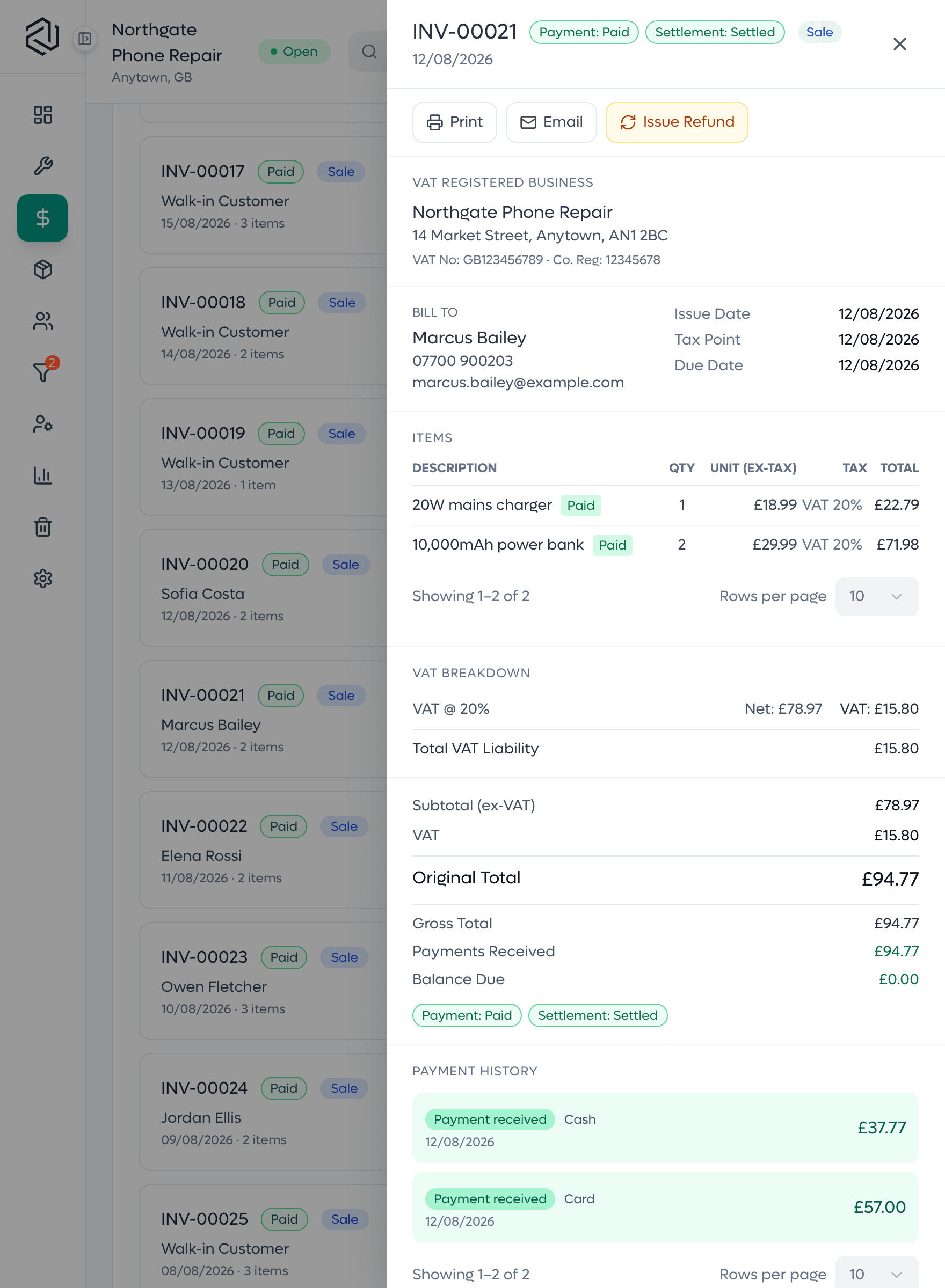 A settled SlickCell Pro invoice: each line with its quantity, unit price and tax, the net and VAT totals, and the payments received against it.